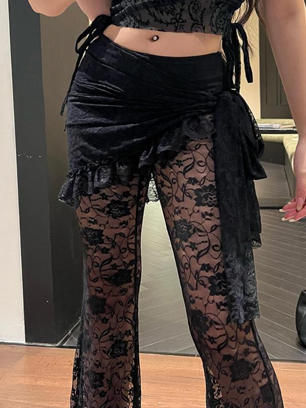 Women's Ribbon Sheer Lace Flare Leg Pants, Y2K Gothic Style High Waist Bell Bottom Trousers for Daily Wear, Ladies Bottoms for All Seasons