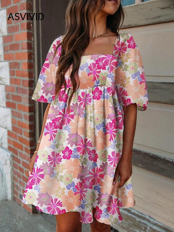 Women's Floral Print Puff Sleeve Vintage Smock Dress, Dresses for Women, Summer Dresses 2024, Boho Romantic Short Sleeve Square Neck A Line Sundresses for Vacation Wedding Guest, Ladies Summer Clothes, Women's Back To School Clothing