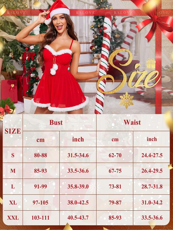 RSLOVE Christmas Babydoll Lingerie for Women - Sexy Santa Chemise Holiday Outfits Womens Red Mesh Xmas Spaghetti Strap Costumes Sleepwear Womenswear Underwear Comfort Cute