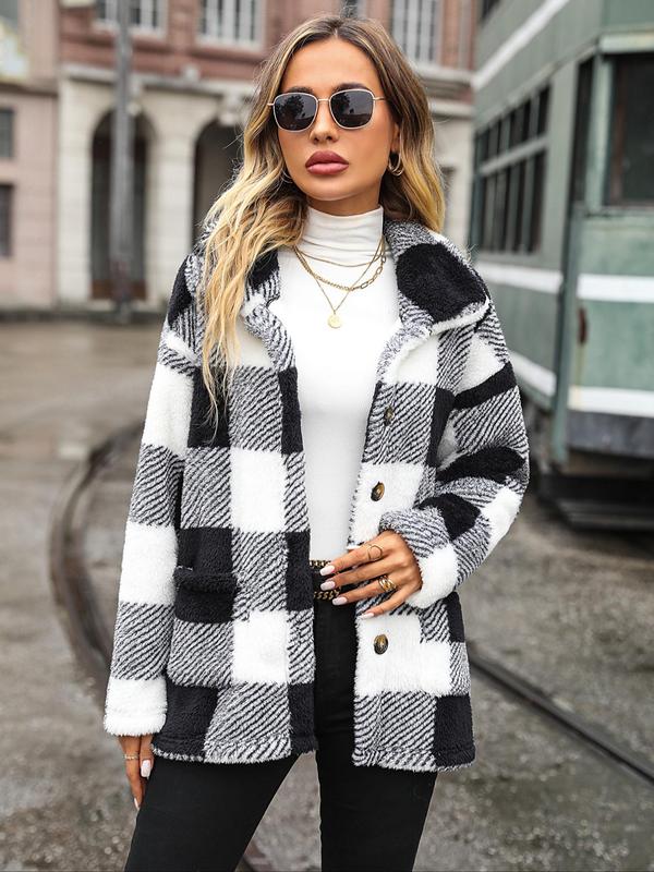 Women's Plaid Print Button Front Drop Shoulder Plush Coat Without Necklace & Sweater, Casual Long Sleeve Pocket Collared Outerwear For Fall & Winter, Women's Clothes For Daily Wear