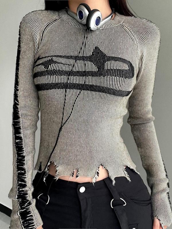 Ripped Graphic Raglan Sleeve Crop Sweater, Femboy Sissy Goth Outfit, Longsleeves Round Neck Jumper, Streetwear Knitting Top, Womenswear, Summer Outfits 2024