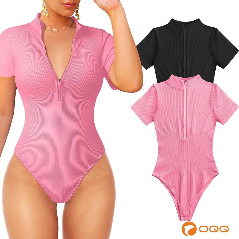 OQQ Women's 2 Piece Bodysuits Sexy Ribbed One Piece Zip Front Short Sleeve Tops Bodysuits Fabric  Womenswear