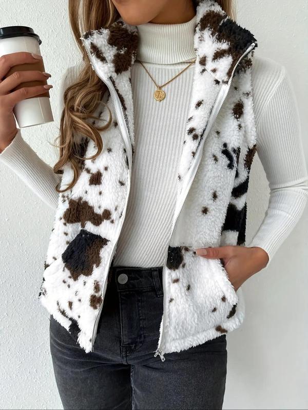 Women's All Over Cow Print Pocket Zip Up Fuzzy Vest Coat, Casual Stand Collar Sleeveless Outerwear for Daily Wear, Ladies Clothes for All Seasons