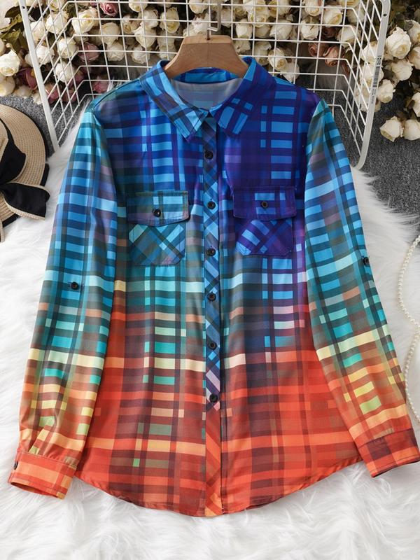 Women's Ombre & Plaid Print Button Front Curved Hem Shirt, Casual Long Sleeve Pocket Collared Top for Spring & Fall, Women's Clothes for Daily Wear