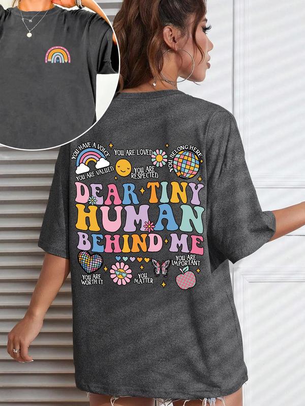 Women's Rainbow & Letter & Floral Print Round Neck Graphic Tee, T Shirts for Women, Vintage Trendy Casual Short Sleeve T-shirt for Daily Wear, Ladies Summer Outfit