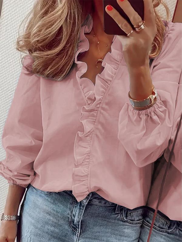 Women's Plain Ruffle Trim V Neck Long Sleeve Blouse, Elegant Solid Color Bishop Sleeve Top for Spring & Fall, Women's Clothes,  Fall Clothing Women