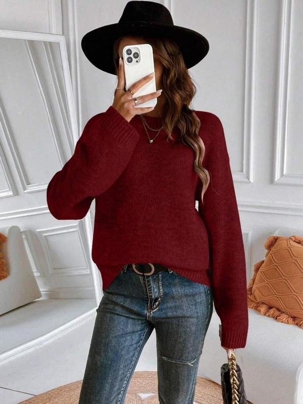 Women's Plain Drop Shoulder Sweater, Casual Long Sleeve Round Neck Jumper for Fall & Winter, Fashion Ladies' Knitwear for Daily Wear