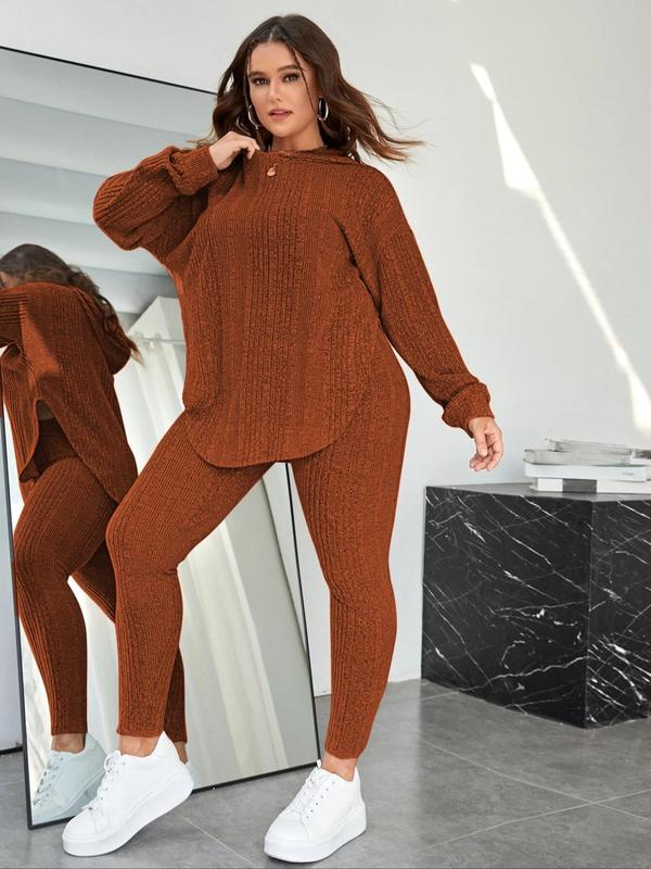  Plain Split Curved Hem Hoodie & Leggings Lounge Two-piece Set, Casual Fashion Cozy Breathable Two Piece Wear for Daily Home Wear, Women's Sleepwear for Spring & Fall, Fall Wear, Fallfreshness Clothes, Comfort Long Sleeve Suits Overalls