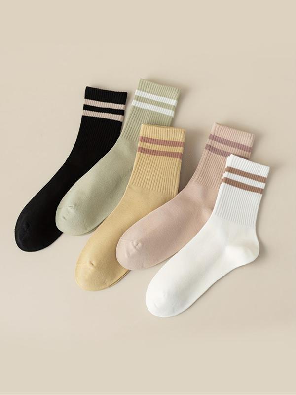 Women's 6 Pairs Striped Print Crew Socks, Fashion Casual Preppy Style Soft Comfort Breathable Socks for Daily School Wear, Lady Socks for All Seasons, Womenswear