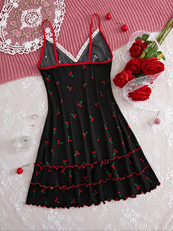 Women's Cherry Print Contrast Lace Frill Cami Nightdress, Summer Wear 2024, Adjustable Spaghetti Strap Contrast Binding Deep V Neck Night Gown for Women, House Dress, Cute Nightwear, Ladies Sleepwear for All Seasons