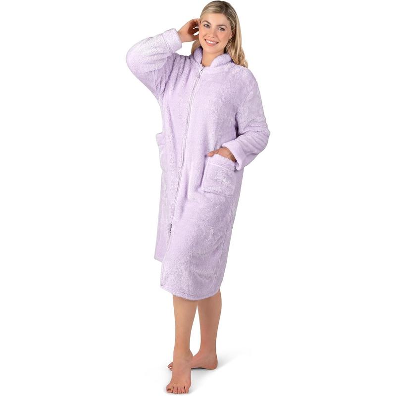 Womens Housecoat Zip Robe, Sherpa Zip Up Front Robe Bathrobe, Plush Warm Zipper House Coat Lounger, Pockets Fluffy