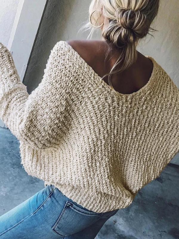 Women's Plain Drop Shoulder V Neck Sweater, Casual Long Sleeve Jumper for Spring & Fall, Fashion Women's Knitwear for Daily Wear