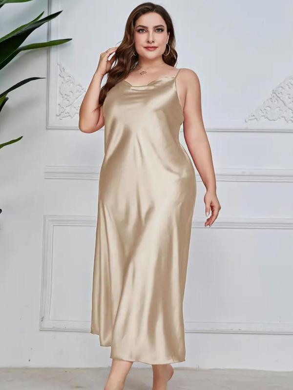 Plus Size Plain Cowl Neck Backless Satin Cami Nightdress, Casual Comfy Adjustable Spaghetti Strap Nightgown, Women's Sleepwear for Summer