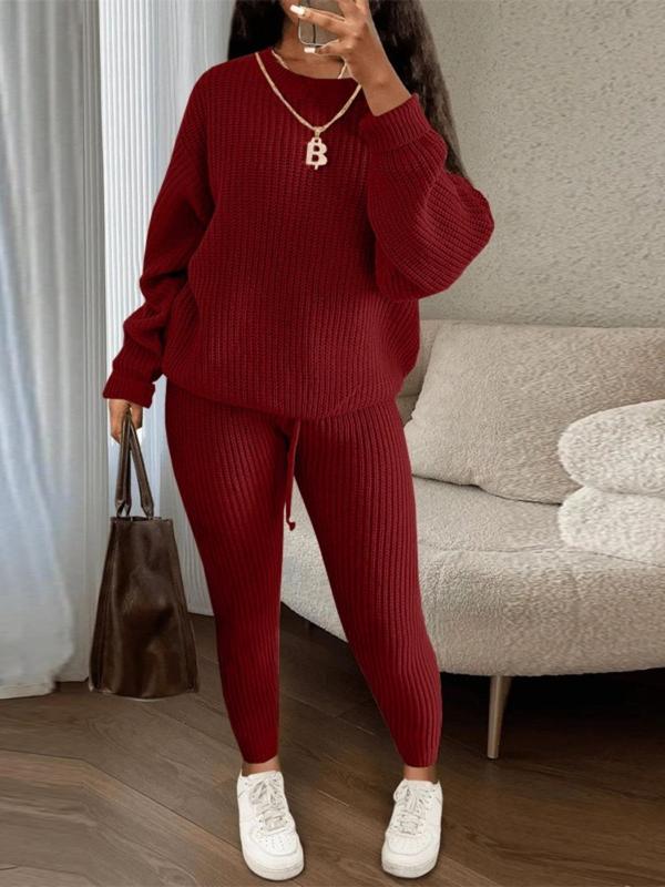 Women's Solid Drop Shoulder Long Sleeve Sweater & Drawstring Waist Pants Set, Casual Fashion Cozy Knitwear for Daily Outdoor Wear, Two Piece Set Women, Ladies Fall Clothes, Downtown Girl Clothes, Hourglass Body in Baggy Clothes