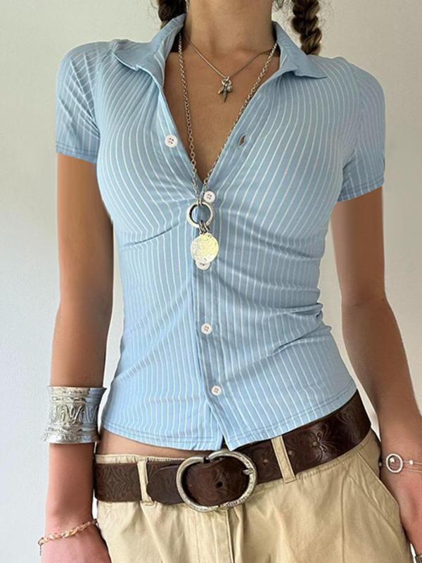 Women's Striped Print Button Front Blouse, Casual Slim-fitting Short Sleeve Shirt for Summer, Back-to-school Clothing, Going Out Tops, Ladies Clothes for Daily Wear, Going Out Tops for College, Tops for Women, 2000s Vintage Tops