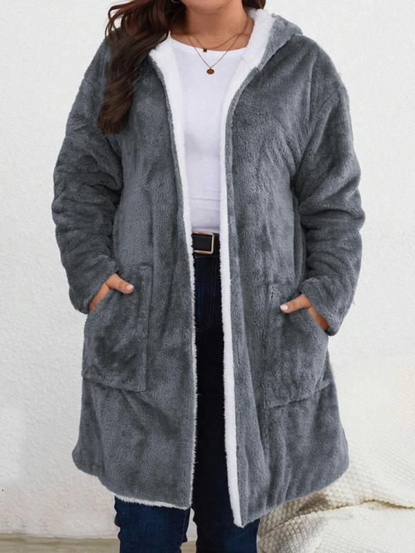 Women's Solid Drop Shoulder Pocket Fuzzy Hooded Jacket, Casual Long Sleeve Thermal Lined Outerwear for Fall & Winter, Women's Clothes for Daily Wear