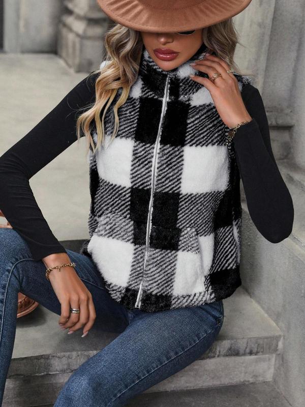 Women's Plaid Print Pocket Zip Up Fuzzy Vest Jacket, Casual Stand Collar Sleeveless Outerwear for Fall & Winter, Ladies Clothes for Daily Wear