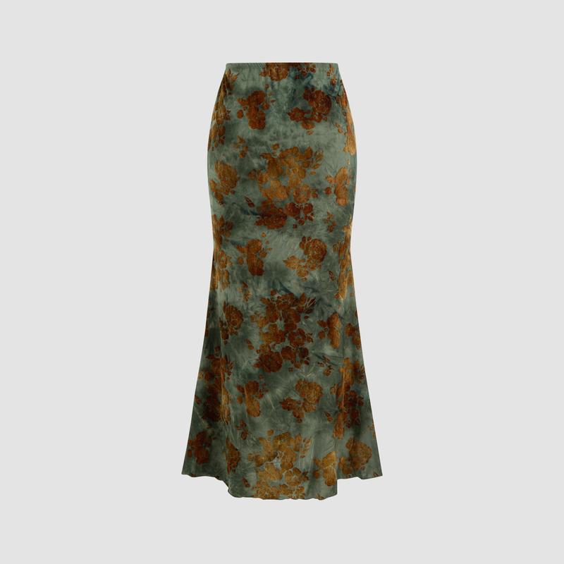 Cider [3 colors, size 2-10] Mid Rise Floral Ruched Maxi Skirt