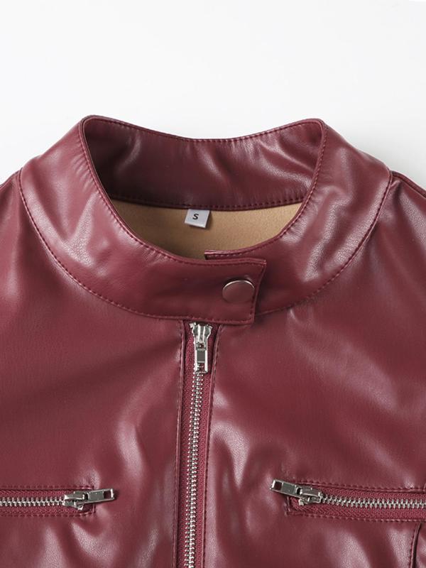 Women's Solid Color Zip Up Faux Leather Jacket, Street Fashion Long Sleeve Outerwear for Daily Outdoor Wear, Ladies Clothes for Fall & Winter