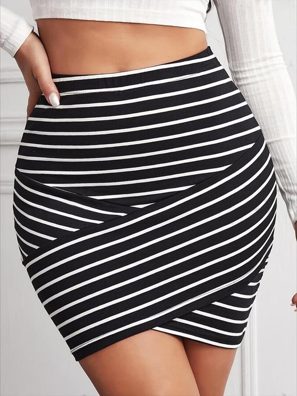 Women's Striped Print Wrap Bodycon Skirt, Casual Fashion Short Skirt for Daily Outdoor Wear, Ladies Bottoms for Summer