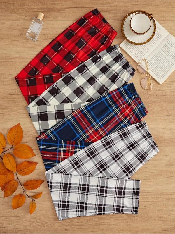 Women's Christmas Themed Plaid Print Elastic Waist Sleep Pants, Pj Pants, Casual Comfy Lounge Pants for Spring & Fall, Ladies Sleepwear for Indoor Wear