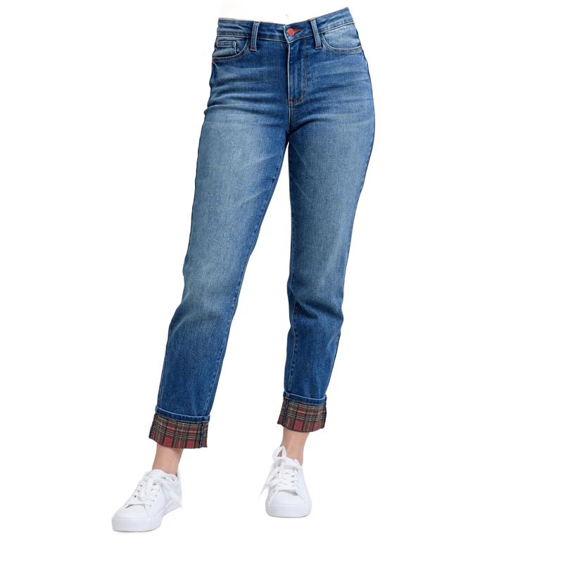 JUDY BLUE MID RISE PLAID PRINT CUFF BOYFRIEND JEANS