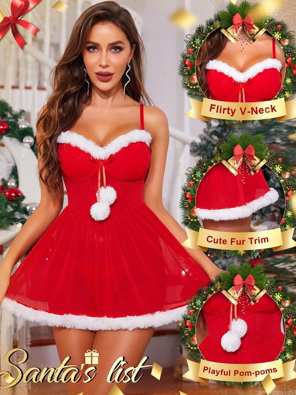 RSLOVE Christmas Babydoll Lingerie for Women - Sexy Santa Chemise Holiday Outfits Womens Red Mesh Xmas Spaghetti Strap Costumes Sleepwear Womenswear Underwear Comfort Cute