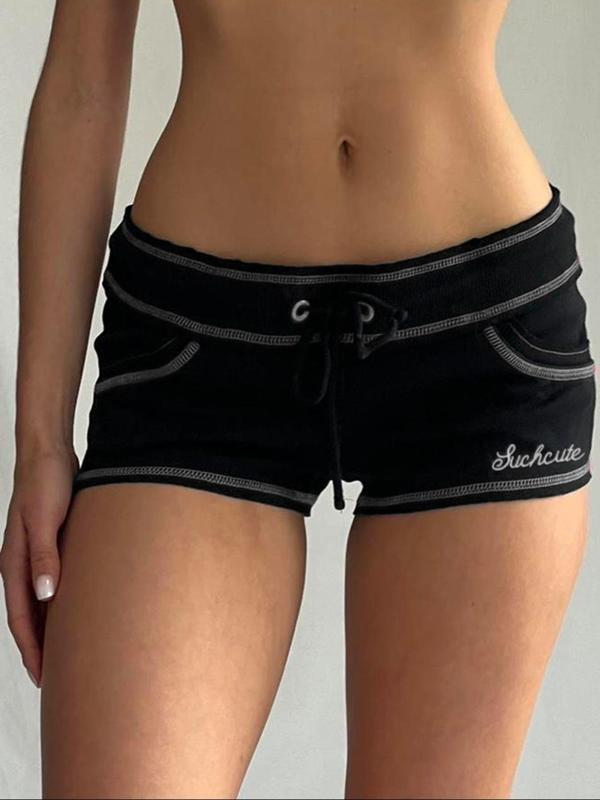 Women's Letter Print Drop Waist Shorts, Casual Drawstring Pocket Skinny Shorts, Summer Shorts, Ladies Bottoms for Daily Wear, Downtown Girl Clothes