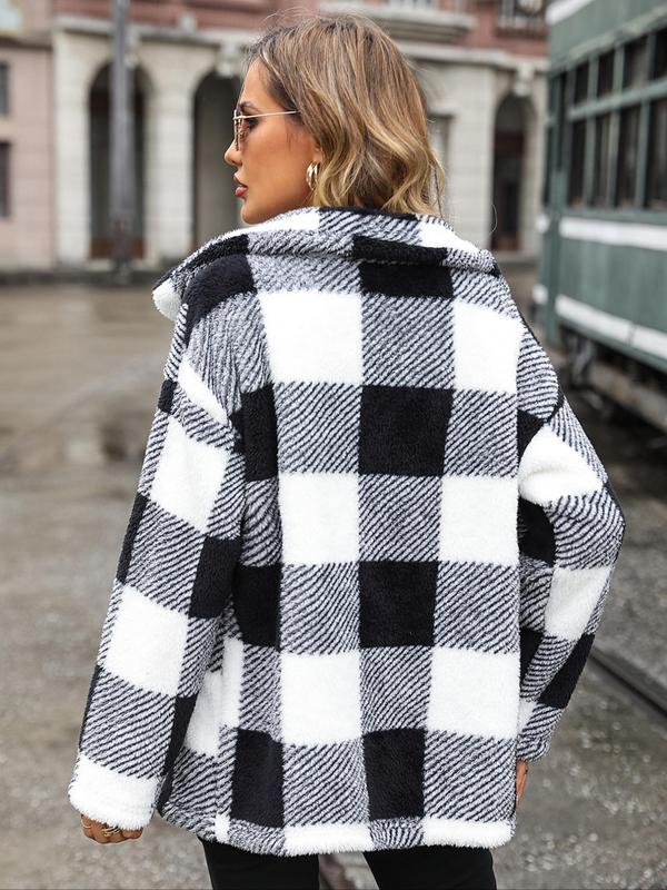 Women's Plaid Print Button Front Drop Shoulder Plush Coat Without Necklace & Sweater, Casual Long Sleeve Pocket Collared Outerwear For Fall & Winter, Women's Clothes For Daily Wear