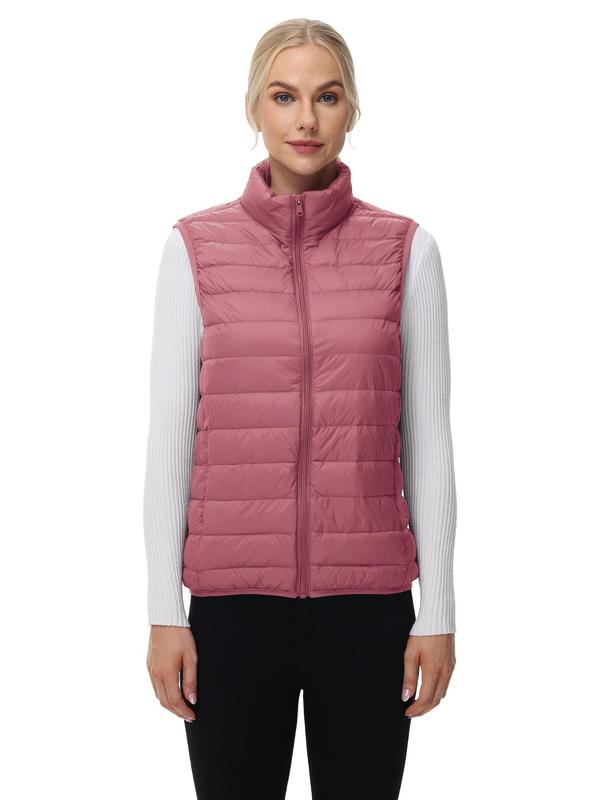 Women's Solid Zip Up Thermal Lined Funnel Neck Vest Jacket, Casual Waterproof Sleeveless Pocket Sports Down Coat for Hiking Camping, Ladies Sportswear for Fall & Winter