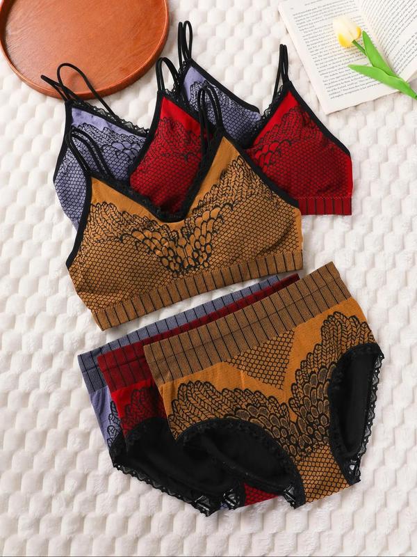 Women's Geometric Print Lace Bra & Panty Set, Casual Comfy Breathable Wireless Bra & Panty Set, Lingerie Set for Women