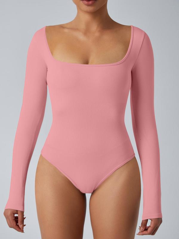 Women's Solid Square Neck Long Sleeve Shapewear Bodysuit, Casual Comfy High Stretch Shaper for Daily Wear, Ladies Shapewear for All Seasons