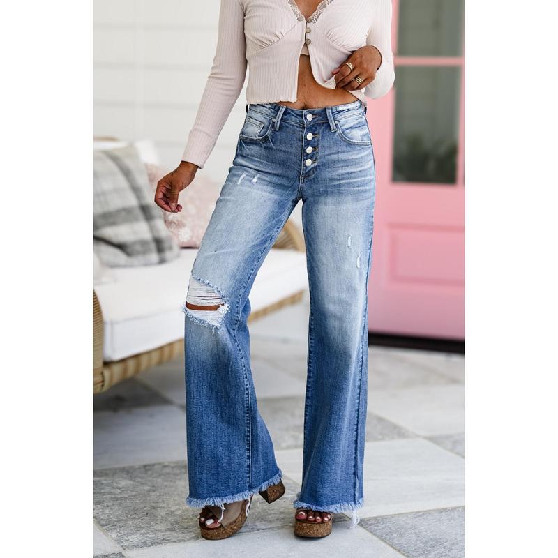 Risen Shape of You  Mid Rise Medium Wash Button Down Wide Leg Jeans