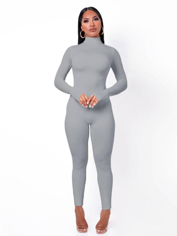 Women's Plain Turtleneck Body Sculpting Jumpsuit, Stretchy Jumpsuit Womenswear, Matching Workout Sport One Piece Bodycon Jumpsuit