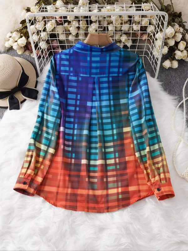 Women's Ombre & Plaid Print Button Front Curved Hem Shirt, Casual Long Sleeve Pocket Collared Top for Spring & Fall, Women's Clothes for Daily Wear