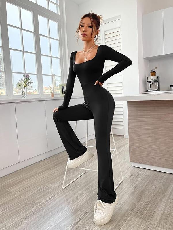 Womens Sexy Open Back Long Sleeve Flared Bottom Pants Romper Bodycon Jumpsuit