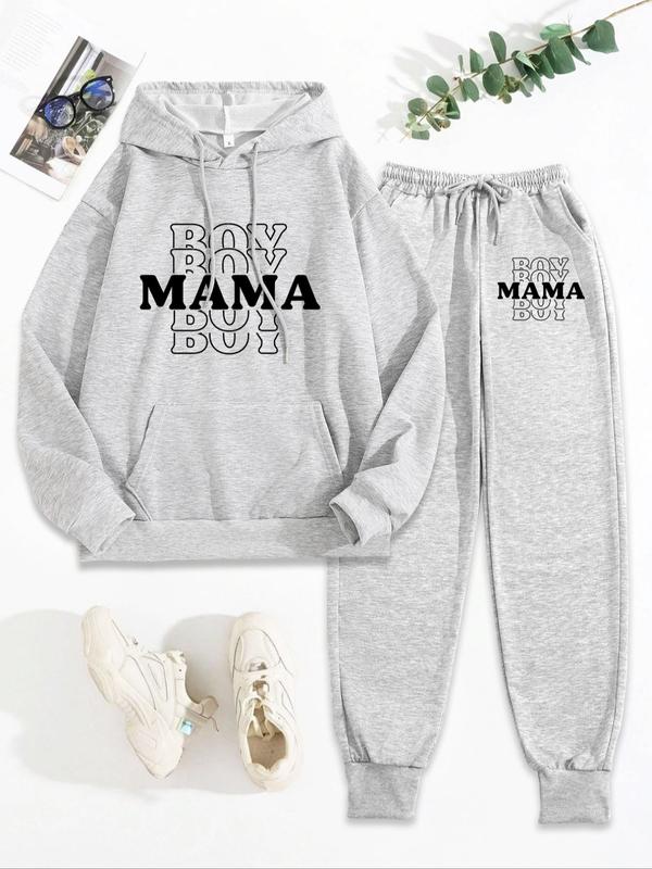 Two-piece Set Women's Letter Print Drop Shoulder Pocket Hoodie & Drawstring Waist Sweatpants Two-piece Set, Casual Fashion Breathable Two Piece Outfits for Daily Wear, Ladies Fall & Winter Clothes