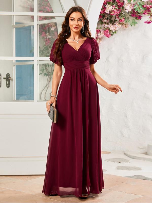 Women's Plain Backless Split Thigh Chiffon Evening Dress, Elegant Formal Wear, Puff Sleeve V Neck Zipper Back A Line Dress for Party & Banquet, Ladies' Clothes for All Seasons