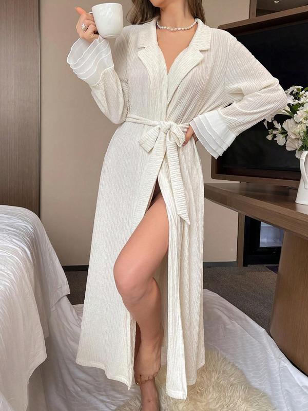 Women's Solid Belted Ruffle Hem Bathrobe, Casual Long Sleeve Open Front Robe, Ladies Sleepwear for Spring & Fall