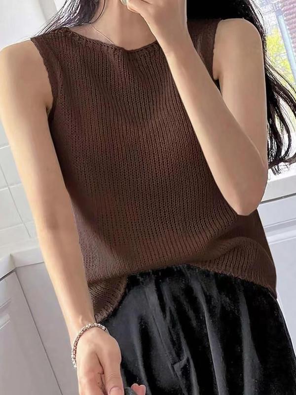 Women's Solid Round Neck Sweater Vest, Summer Clothes Women, Womenswear, Lady Casual Sleeveless Knitwear Top for Spring & Summer, Summer Tops, Summer Outfits 2024,