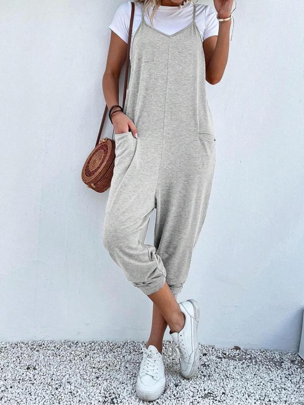  solid Dual Pocket Keyhole Neckline Cami Jumpsuit, Jumpsuit for Spring & Summer & Fall, Overalls for Women, Back-to-School Clothing, Overalls Jumpsuit, Jumpsuit for Women, Clothes