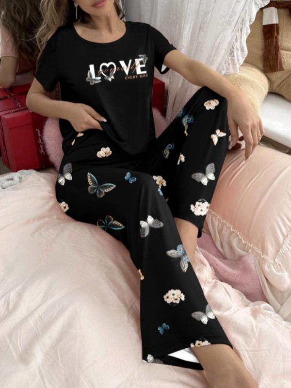 Women's Letter Butterfly Graphic Pyjama Set, Casual Crew Neck Tee & Elastic Waist Pants for Daily Home Wear, Soft Sleepwear Set for All Seasons, Lounge Co-ord Set for Women, PJ Sets for Women, Loungewear & Homewear for Women