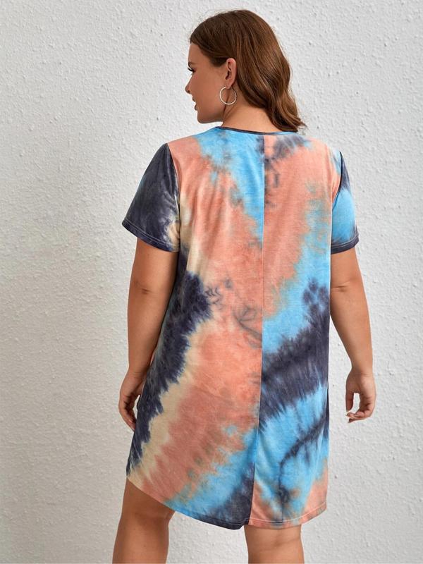 Plus Size Tie Dye Print Round Neck Nightdress, Casual Soft Crew Neck Short Sleeve Nightgown for Women, Women's Sleepwear for Summer