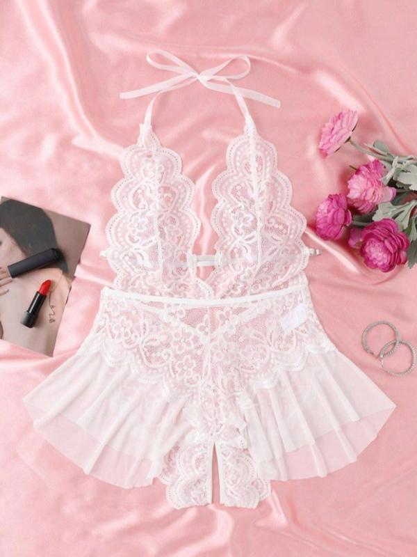 V-Neck Crotchless Lingerie Women Lace Skirt Edge Doll Dress Temptation Hollow Open Bodysuit