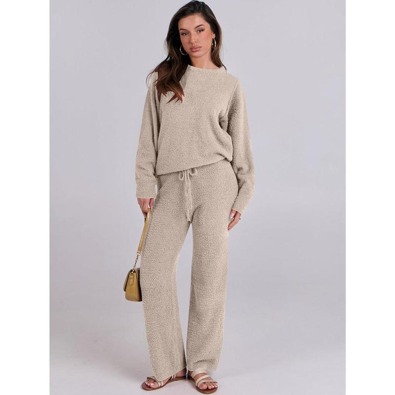 Women's Fuzzy Fleece Pajama Sets 2 Piece Outfits Long Sleeve Top Wide Leg Pants Lounge Matching Set 2024 Case Winter