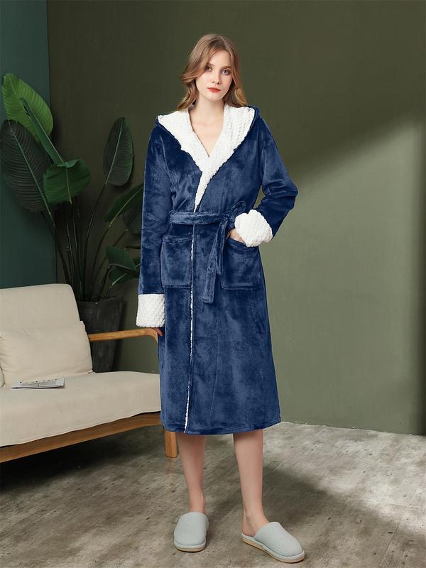 Women's Solid Thickened Belted Hooded Flannel Robe, Comfort PJ for Homewear, Casual Long Sleeve Pocket Design Thermal Lined Bathrobe for Fall & Winter, Women's Sleepwear for Indoor Home Wear