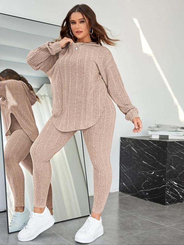  Plain Split Curved Hem Hoodie & Leggings Lounge Two-piece Set, Casual Fashion Cozy Breathable Two Piece Wear for Daily Home Wear, Women's Sleepwear for Spring & Fall, Fall Wear, Fallfreshness Clothes, Comfort Long Sleeve Suits Overalls