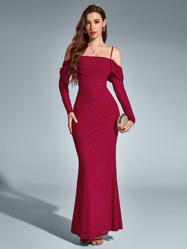 Women's Contrast Sequin Cold Shoulder Mermaid Dress, Elegant Zipper Back Long Sleeve Evening Party Gown, Ladies Clothes for All Seasons