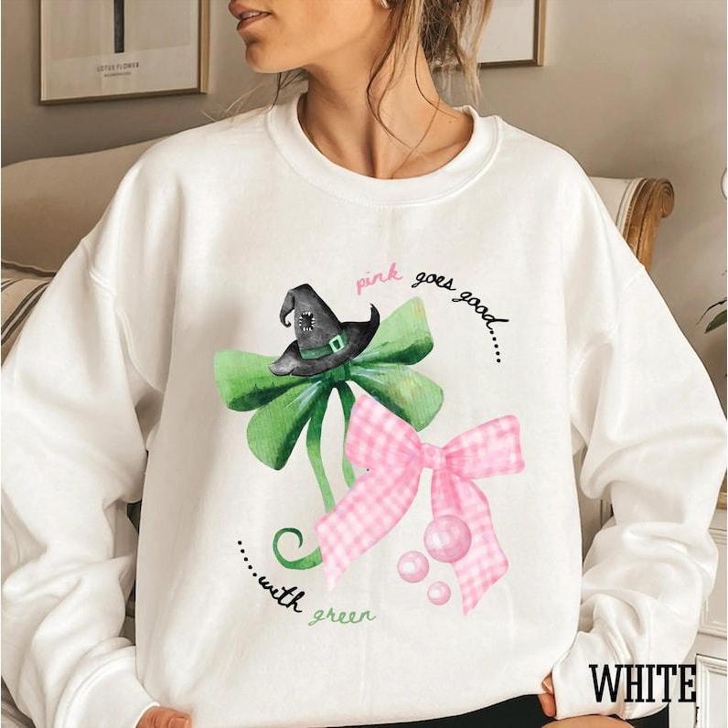 Wicked the Movie Sweatshirt Hoodie, Wicked Inspired Bow Pink Goes Good With Green Broadway Movie Elphaba Glinda Coquette Glitter Tee, Wizard of Oz