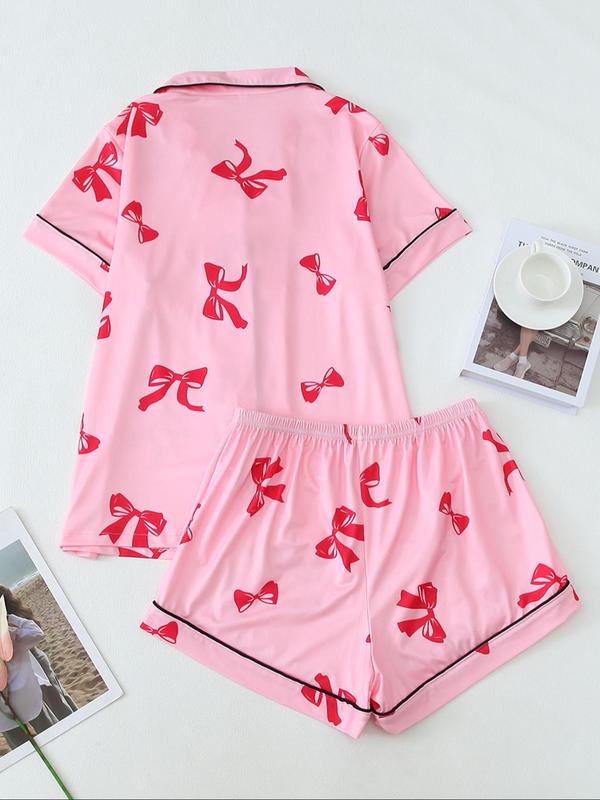 Two-Piece Set Women's Bow Print Lapel Shirt & Pants Pyjama, Casual Comfy Short Sleeve Pocket Top & Trousers Set, Ladies Summer Sleepwear